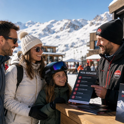 Une famille souriante discute avec un vendeur Sport 2000 présentant des services, sur fond de montagnes enneigées.