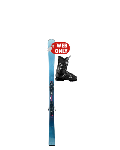 Ski alpin bleu avec fixations et chaussure noire, marqué "WEB ONLY".